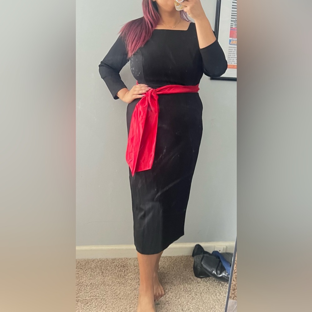 Pinup Couture Black Dress with Vibrant Red Sash - Picture 2 of 3